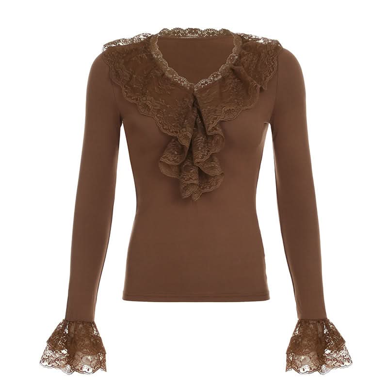 Enchanting Olive Green Ruffle Knit Crop Top | Y2K Flared Sleeve & Lace Detail for Fall