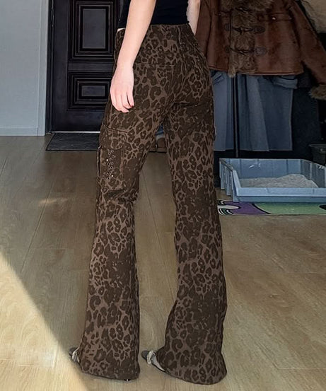 Y2K Leopard Print Low Rise Cargo Flare Pants - Edgy Fall Fashion Statement