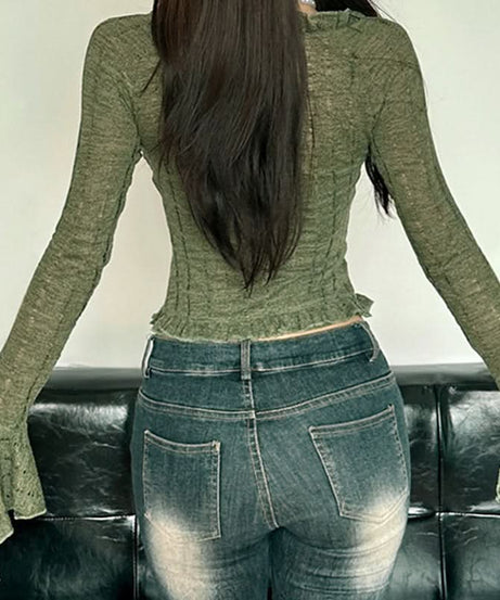 Enchanting Olive Green Ruffle Knit Crop Top | Y2K Flared Sleeve & Lace Detail for Fall