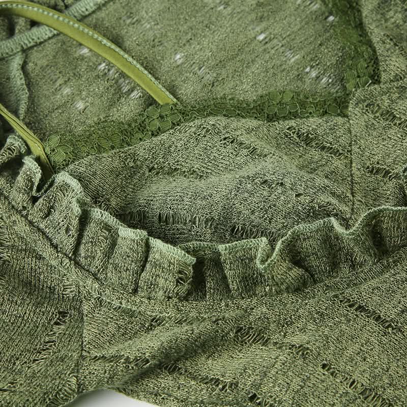 Enchanting Olive Green Ruffle Knit Crop Top | Y2K Flared Sleeve & Lace Detail for Fall