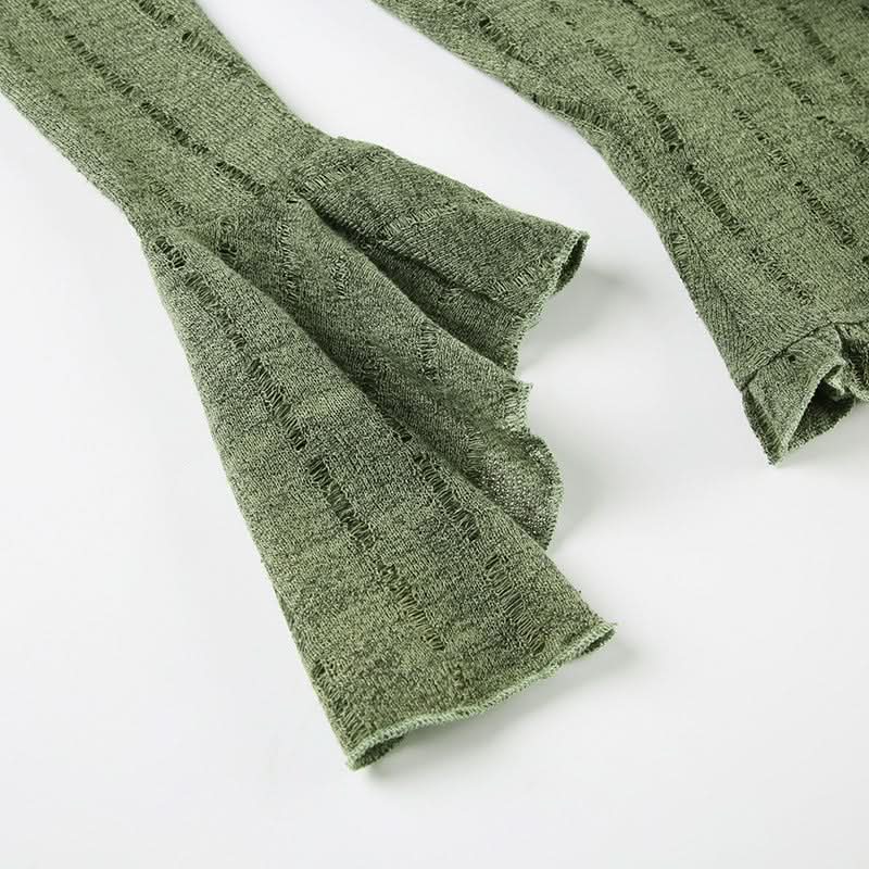 Enchanting Olive Green Ruffle Knit Crop Top | Y2K Flared Sleeve & Lace Detail for Fall
