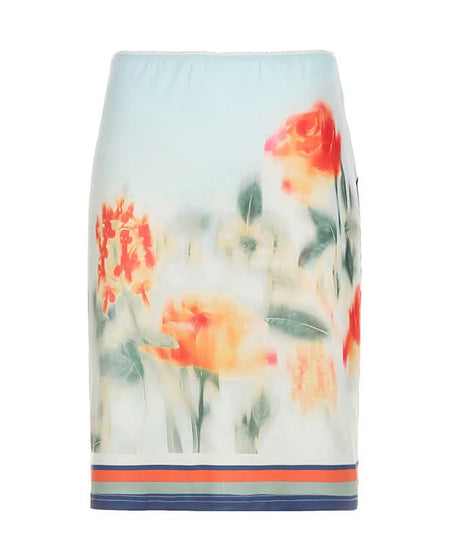 Effortless Chic: Watercolor Floral Mini Skirt with Stylish Striped Hem – Your Fall Transition Essential