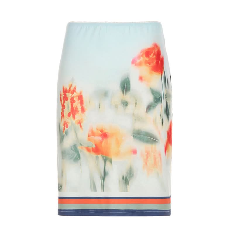 Effortless Chic: Watercolor Floral Mini Skirt with Stylish Striped Hem – Your Fall Transition Essential