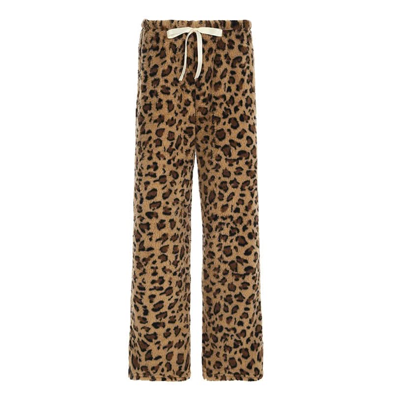 Cozy Chic: Plush Leopard Print Drawstring Straight Leg Loungewear Pants for Fall