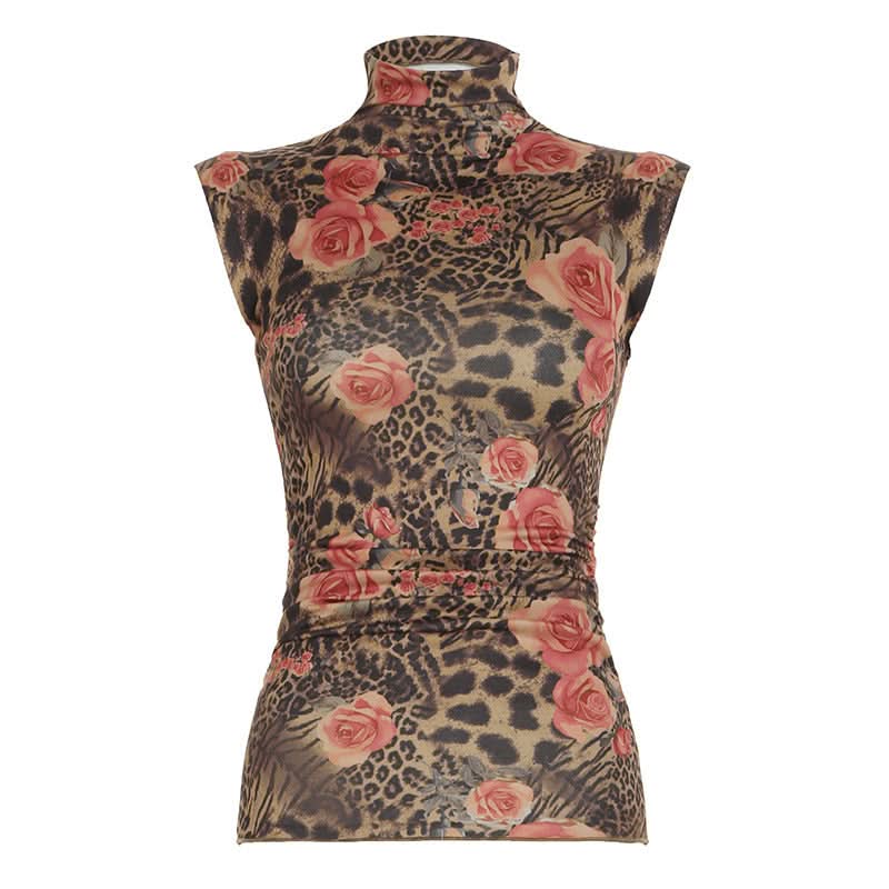 Fierce Floral Leopard Print Mock Neck Top - Chic Ruched Sleeveless Blouse