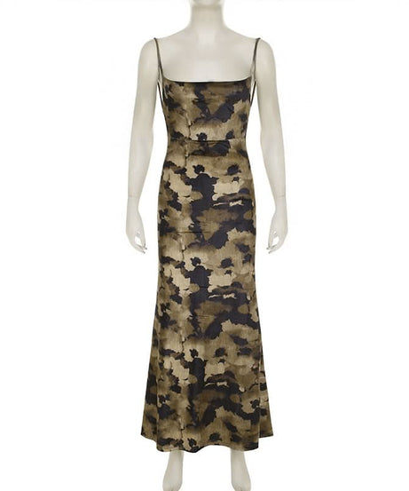 Chic Abstract Camo Maxi Slip Dress – Backless Elegance for Fall Nights