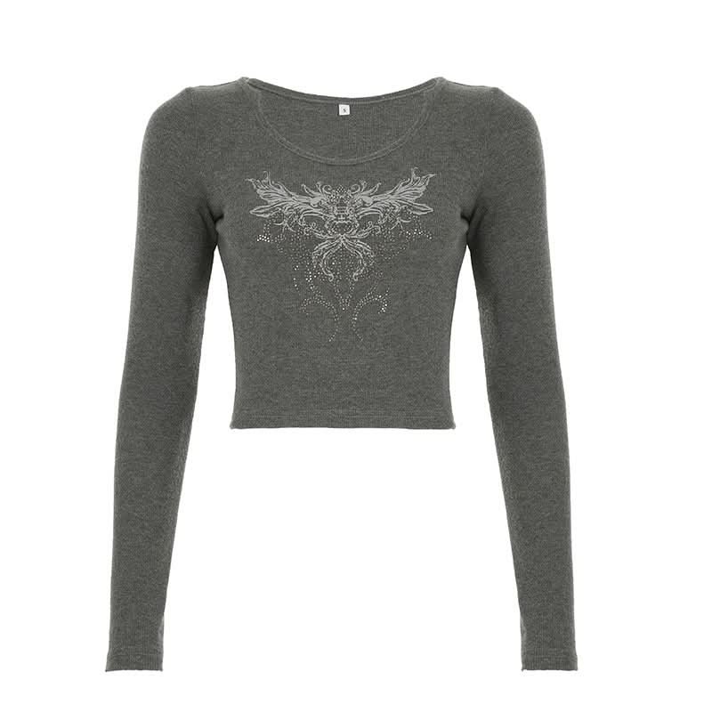 Y2K Mystical Wings Graphic Ribbed Crop Top - Edgy Long Sleeve Fall Essential