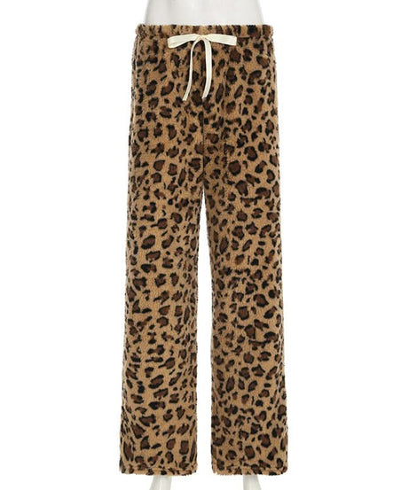 Cozy Chic: Plush Leopard Print Drawstring Straight Leg Loungewear Pants for Fall