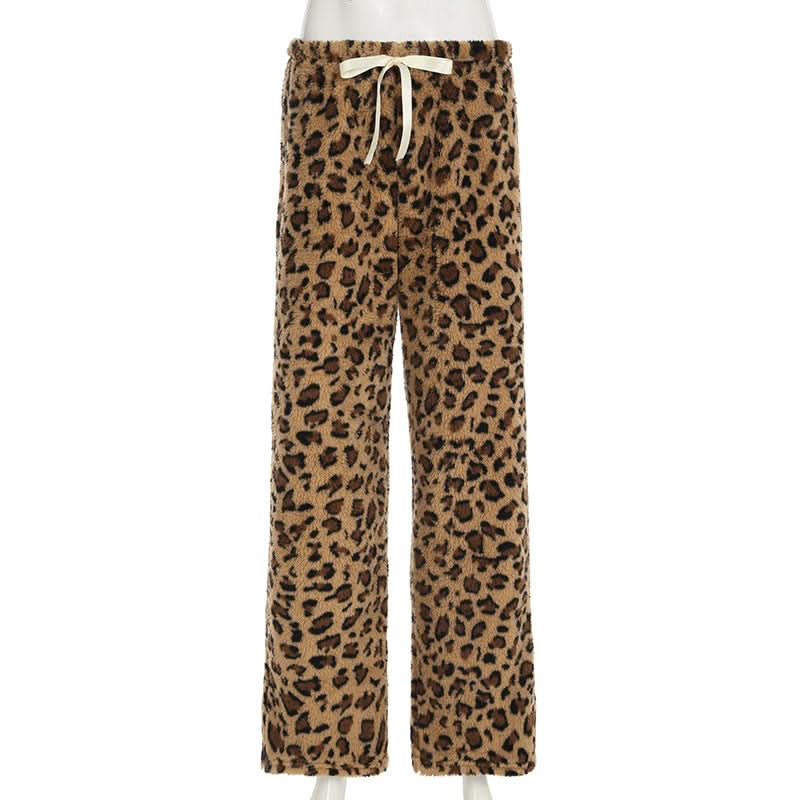 Cozy Chic: Plush Leopard Print Drawstring Straight Leg Loungewear Pants for Fall
