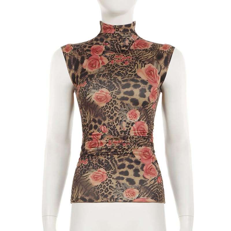Fierce Floral Leopard Print Mock Neck Top - Chic Ruched Sleeveless Blouse