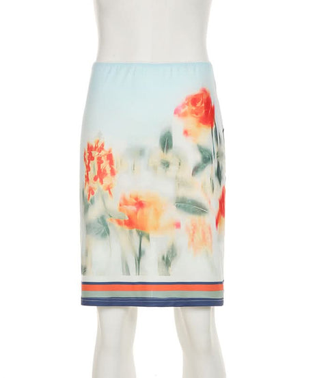 Effortless Chic: Watercolor Floral Mini Skirt with Stylish Striped Hem – Your Fall Transition Essential