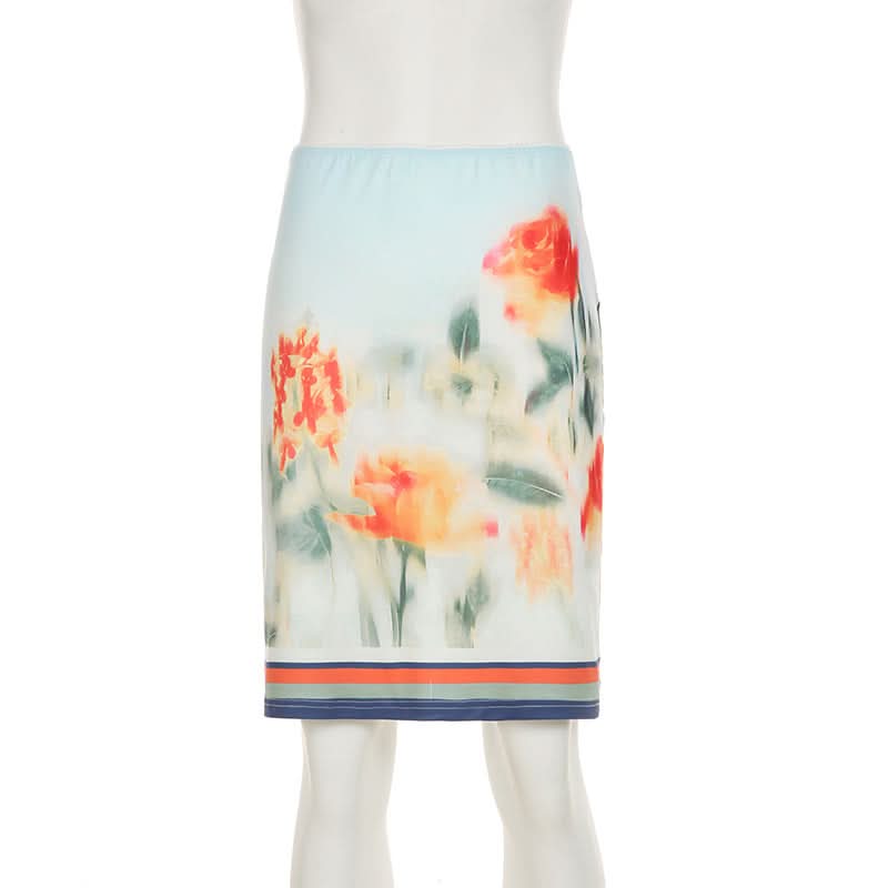 Effortless Chic: Watercolor Floral Mini Skirt with Stylish Striped Hem – Your Fall Transition Essential
