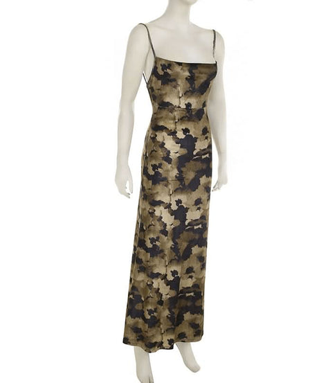 Chic Abstract Camo Maxi Slip Dress – Backless Elegance for Fall Nights