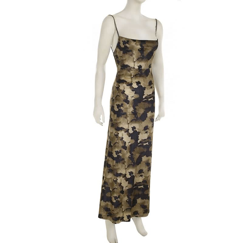 Chic Abstract Camo Maxi Slip Dress – Backless Elegance for Fall Nights