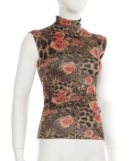Fierce Floral Leopard Print Mock Neck Top - Chic Ruched Sleeveless Blouse