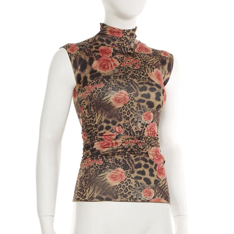 Fierce Floral Leopard Print Mock Neck Top - Chic Ruched Sleeveless Blouse
