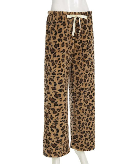 Cozy Chic: Plush Leopard Print Drawstring Straight Leg Loungewear Pants for Fall