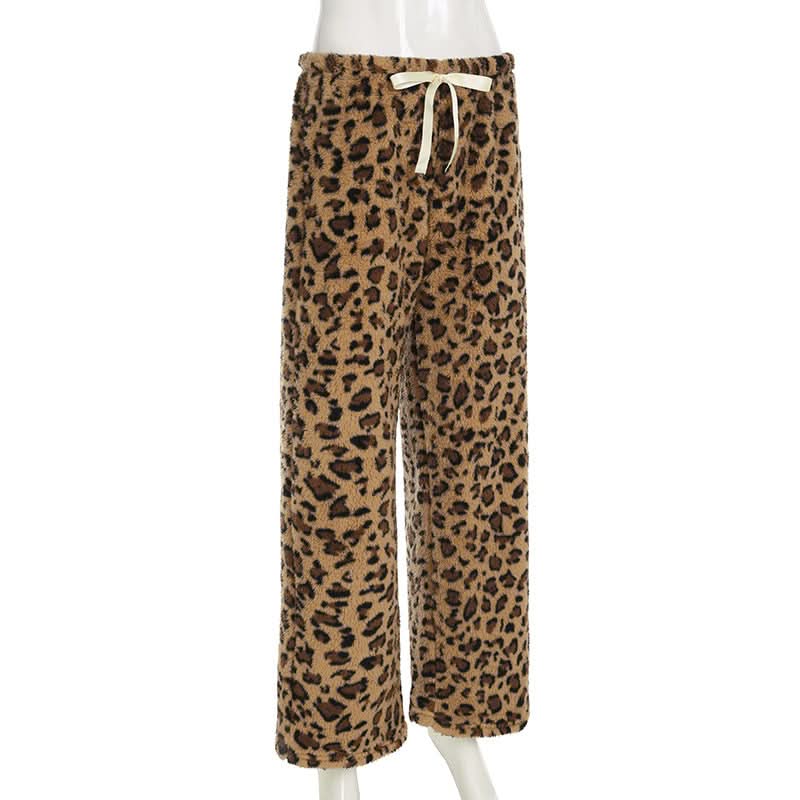 Cozy Chic: Plush Leopard Print Drawstring Straight Leg Loungewear Pants for Fall