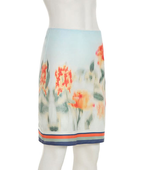 Effortless Chic: Watercolor Floral Mini Skirt with Stylish Striped Hem – Your Fall Transition Essential