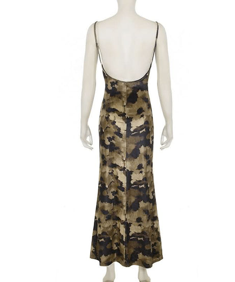 Chic Abstract Camo Maxi Slip Dress – Backless Elegance for Fall Nights