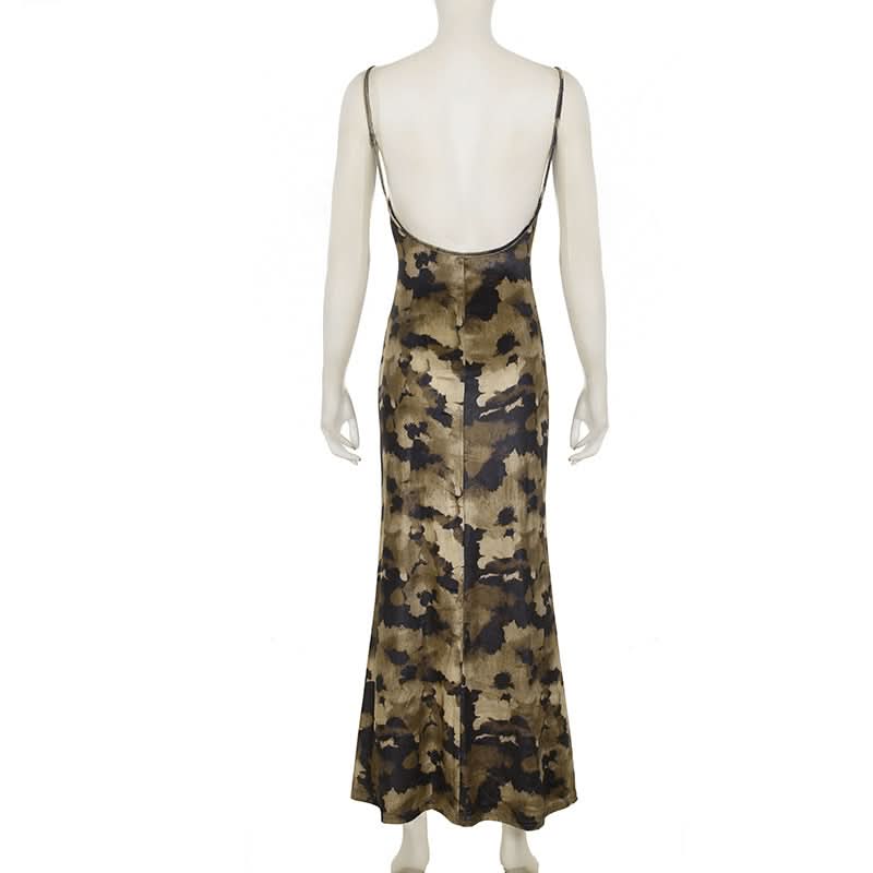 Chic Abstract Camo Maxi Slip Dress – Backless Elegance for Fall Nights