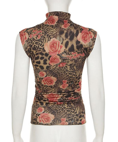 Fierce Floral Leopard Print Mock Neck Top - Chic Ruched Sleeveless Blouse