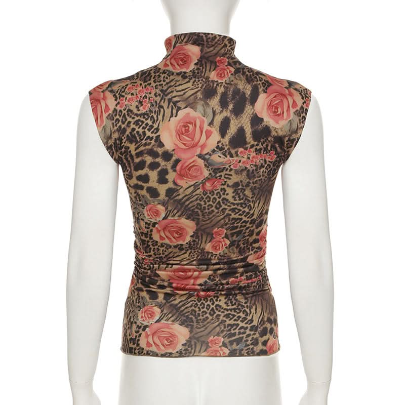 Fierce Floral Leopard Print Mock Neck Top - Chic Ruched Sleeveless Blouse