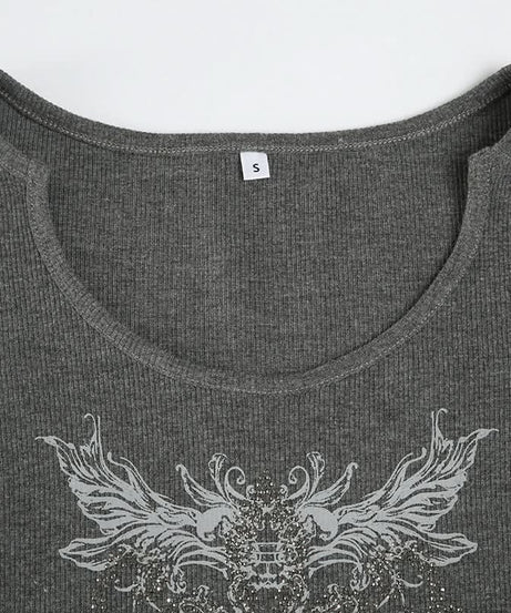 Y2K Mystical Wings Graphic Ribbed Crop Top - Edgy Long Sleeve Fall Essential