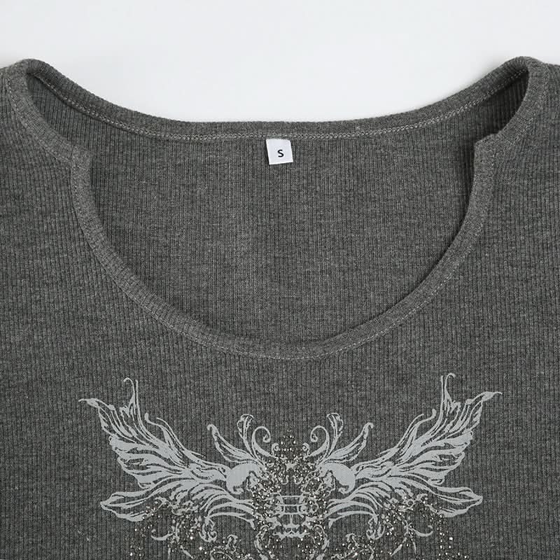 Y2K Mystical Wings Graphic Ribbed Crop Top - Edgy Long Sleeve Fall Essential