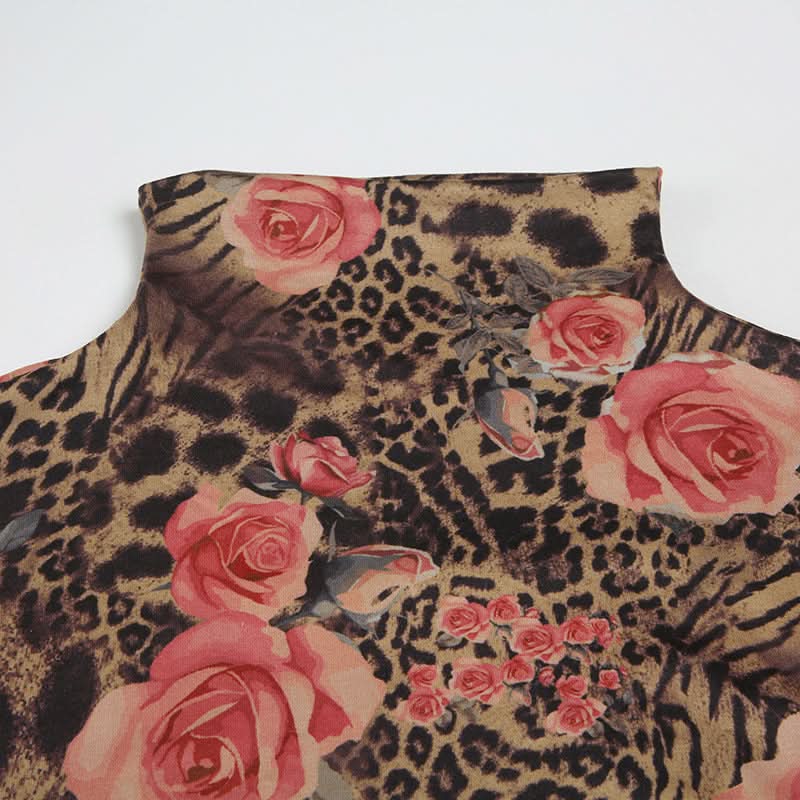 Fierce Floral Leopard Print Mock Neck Top - Chic Ruched Sleeveless Blouse
