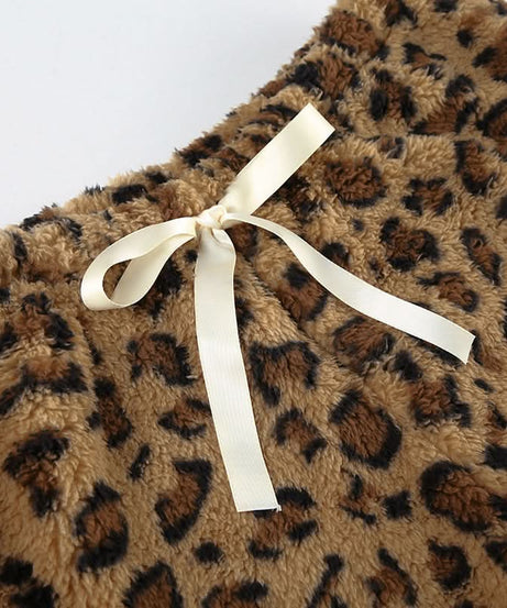 Cozy Chic: Plush Leopard Print Drawstring Straight Leg Loungewear Pants for Fall