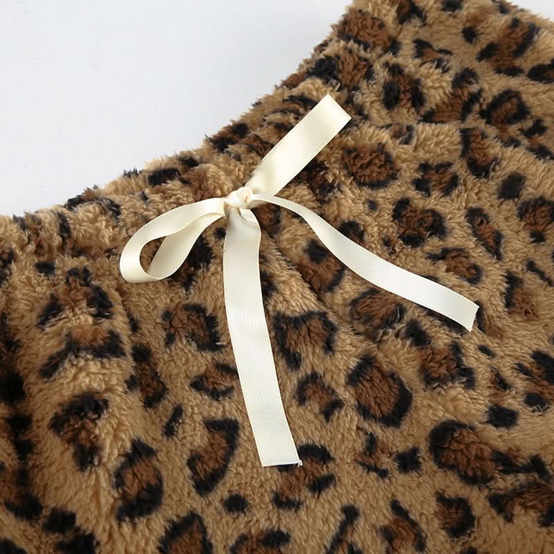 Cozy Chic: Plush Leopard Print Drawstring Straight Leg Loungewear Pants for Fall