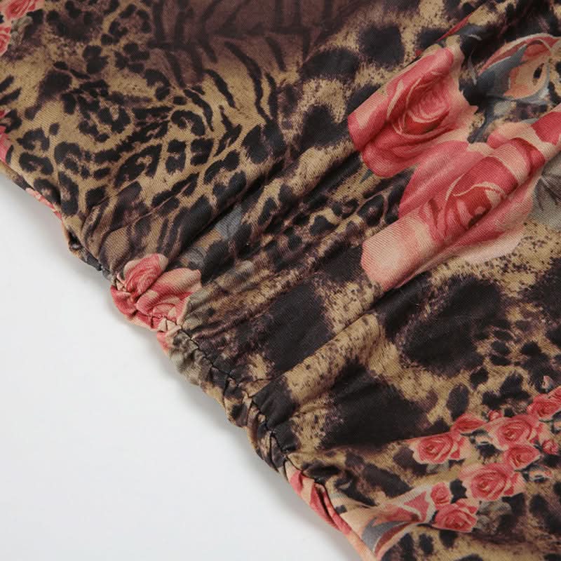 Fierce Floral Leopard Print Mock Neck Top - Chic Ruched Sleeveless Blouse