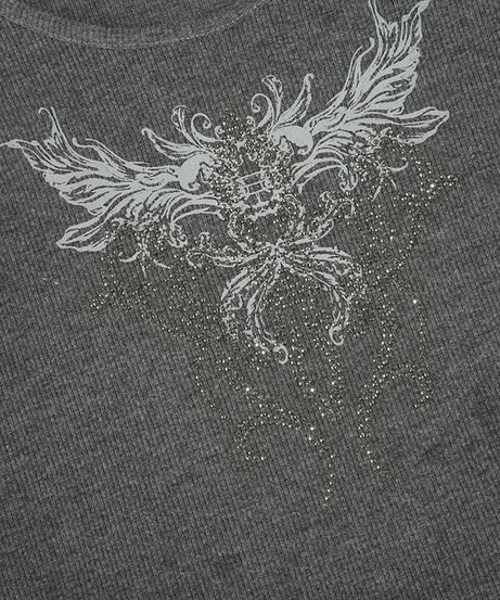 Y2K Mystical Wings Graphic Ribbed Crop Top - Edgy Long Sleeve Fall Essential