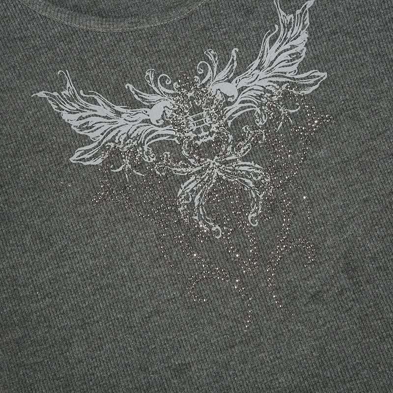 Y2K Mystical Wings Graphic Ribbed Crop Top - Edgy Long Sleeve Fall Essential