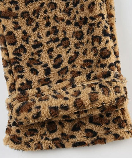 Cozy Chic: Plush Leopard Print Drawstring Straight Leg Loungewear Pants for Fall