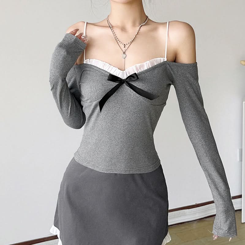 Fall Darling Ruffle Bow Long Sleeve Top - Chic Off-Shoulder & Strappy Y2K Inspired Style