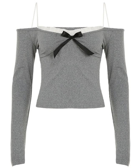 Fall Darling Ruffle Bow Long Sleeve Top - Chic Off-Shoulder & Strappy Y2K Inspired Style