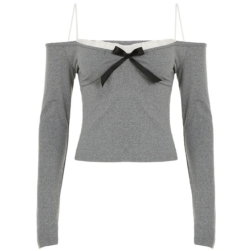 Fall Darling Ruffle Bow Long Sleeve Top - Chic Off-Shoulder & Strappy Y2K Inspired Style