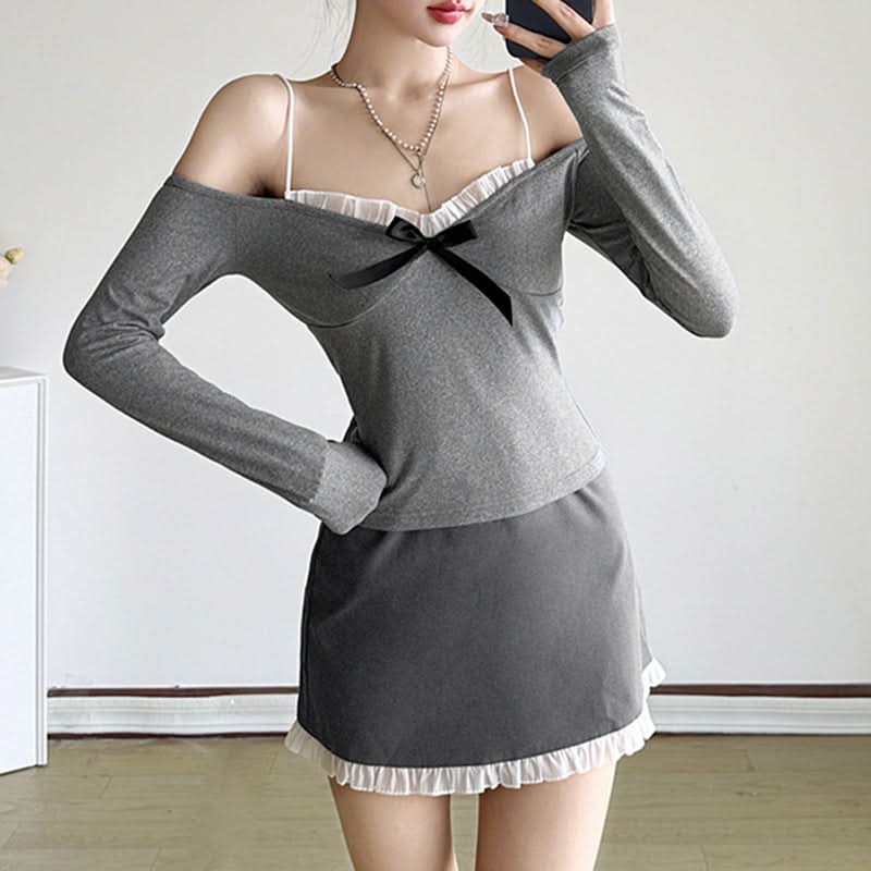Fall Darling Ruffle Bow Long Sleeve Top - Chic Off-Shoulder & Strappy Y2K Inspired Style