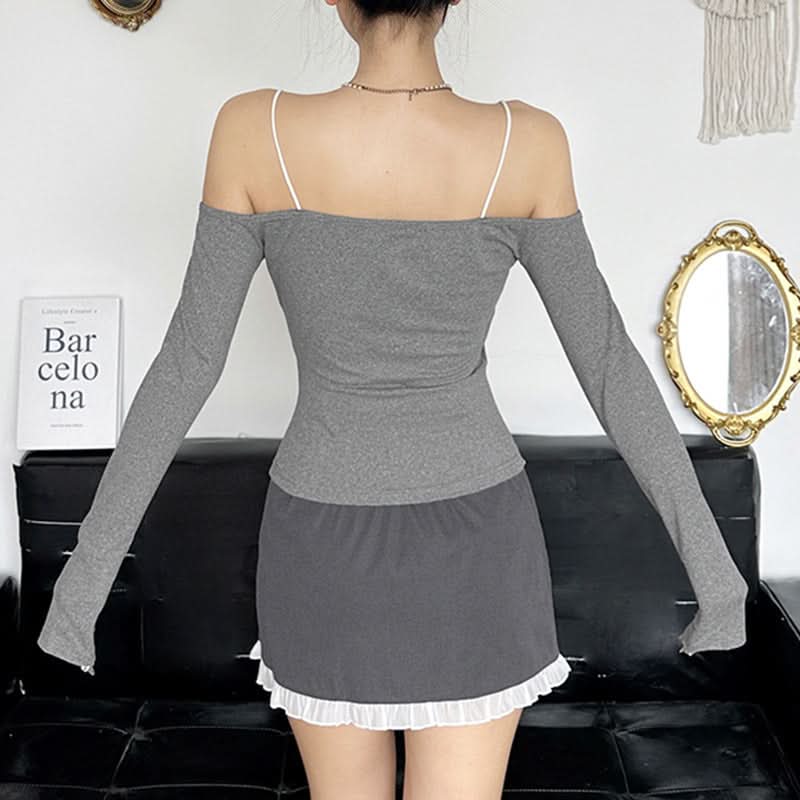Fall Darling Ruffle Bow Long Sleeve Top - Chic Off-Shoulder & Strappy Y2K Inspired Style