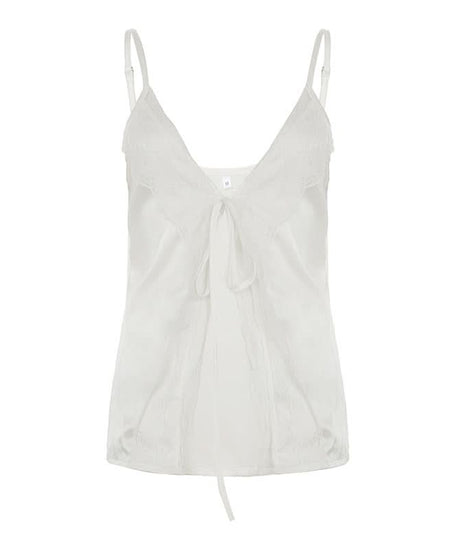 Fall Luxe: Silky Satin Lace V-Neck Cami with Self-Tie Detail – Perfect for Layering & Holiday Glam