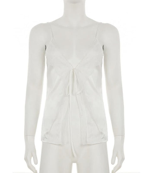 Fall Luxe: Silky Satin Lace V-Neck Cami with Self-Tie Detail – Perfect for Layering & Holiday Glam