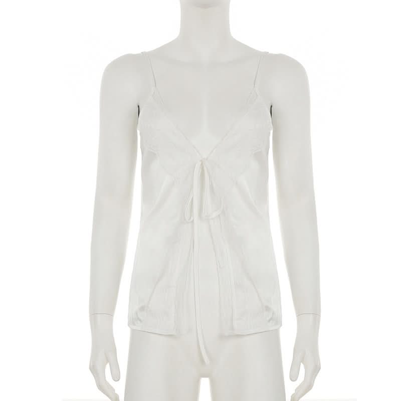 Fall Luxe: Silky Satin Lace V-Neck Cami with Self-Tie Detail – Perfect for Layering & Holiday Glam