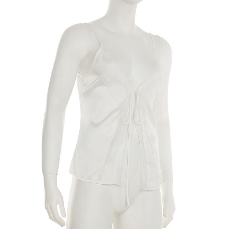 Fall Luxe: Silky Satin Lace V-Neck Cami with Self-Tie Detail – Perfect for Layering & Holiday Glam