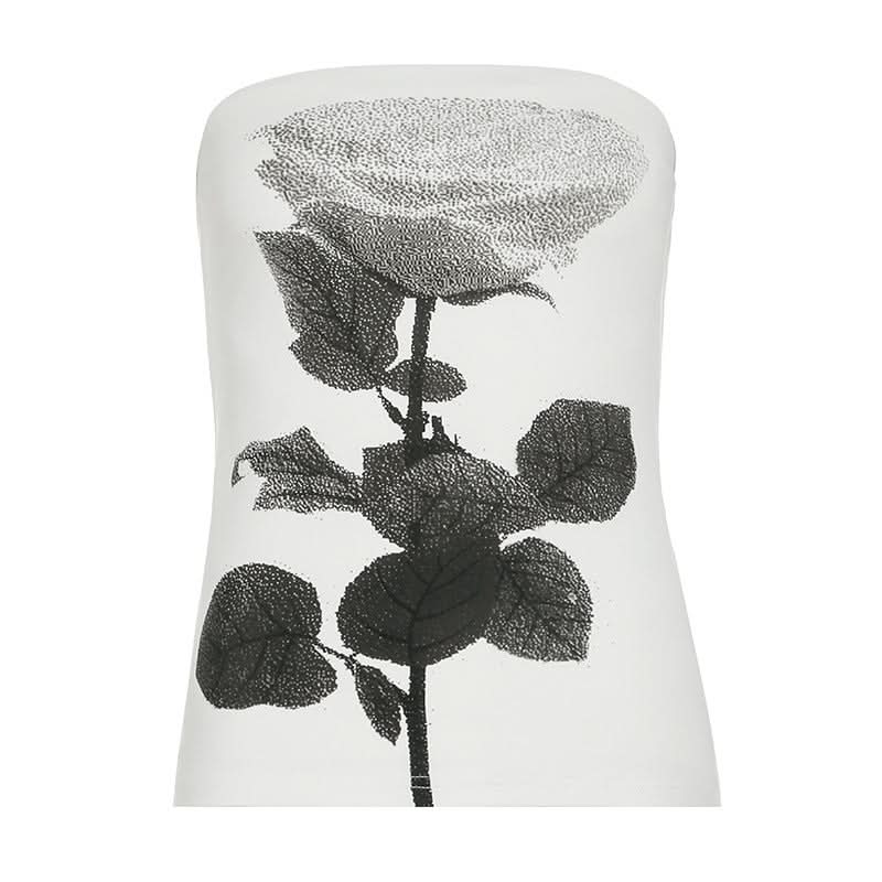 Chic Monochrome Rose Print Strapless Tube Top - Effortless Fall Style