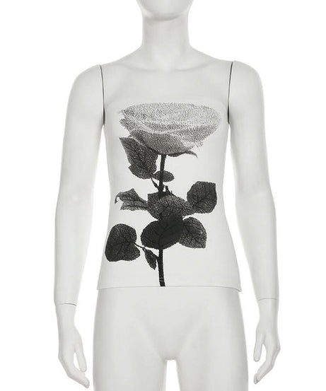 Chic Monochrome Rose Print Strapless Tube Top - Effortless Fall Style