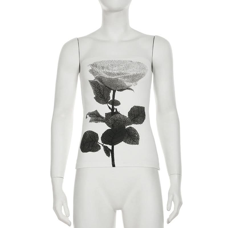 Chic Monochrome Rose Print Strapless Tube Top - Effortless Fall Style