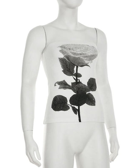 Chic Monochrome Rose Print Strapless Tube Top - Effortless Fall Style