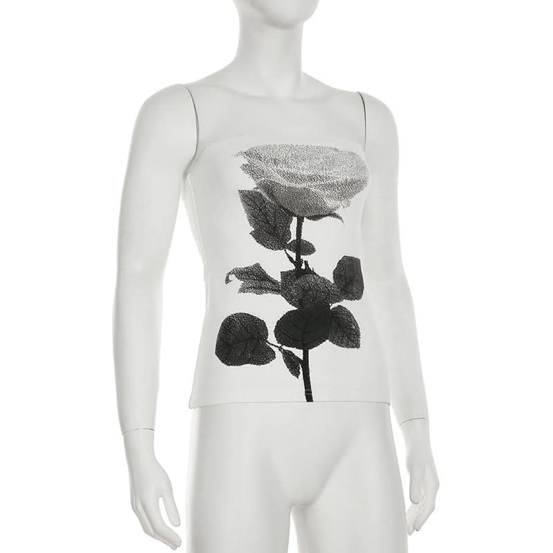 Chic Monochrome Rose Print Strapless Tube Top - Effortless Fall Style